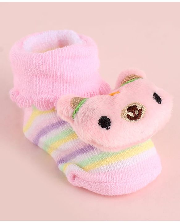 Cute Walk by Babyhug Fabric Socks Shoes With Large Teddy Bear Applique - Pink