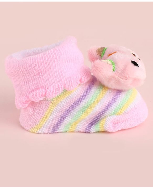 Cute Walk by Babyhug Fabric Socks Shoes With Large Teddy Bear Applique - Pink