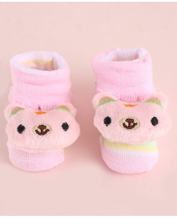 Cute Walk by Babyhug Fabric Socks Shoes With Large Teddy Bear Applique - Pink