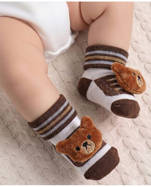 Cute Walk by Babyhug Sock Shoes with Stripes & Bear Applique - Multicolor