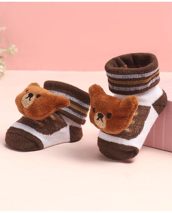 Cute Walk by Babyhug Sock Shoes with Stripes & Bear Applique - Multicolor