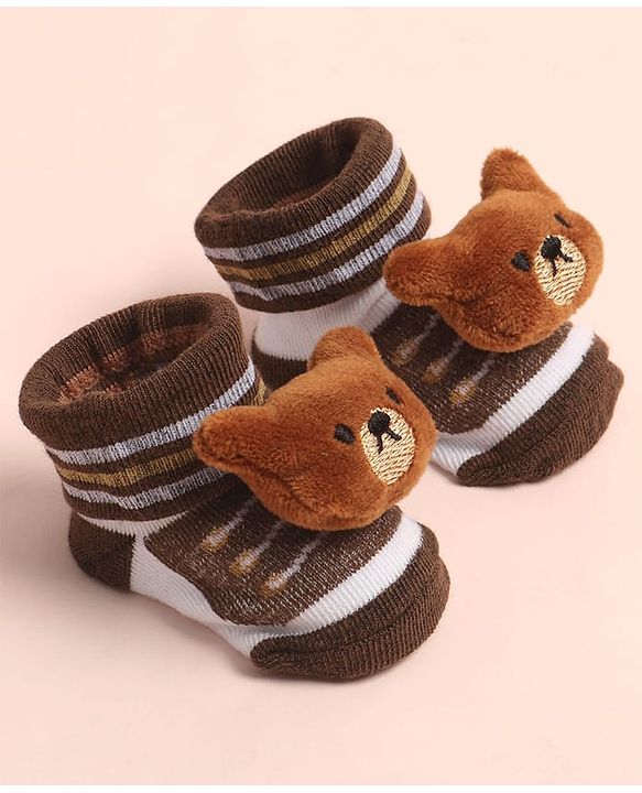Cute Walk by Babyhug Sock Shoes with Stripes & Bear Applique - Multicolor