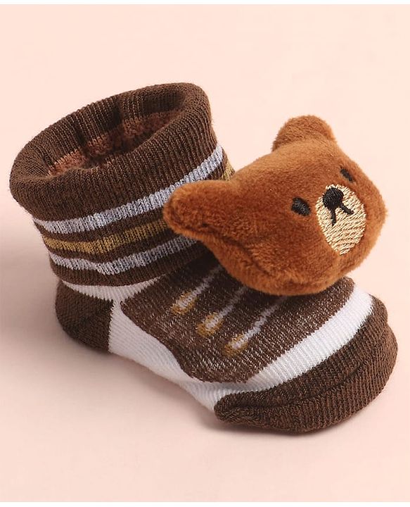 Cute Walk by Babyhug Sock Shoes with Stripes & Bear Applique - Multicolor