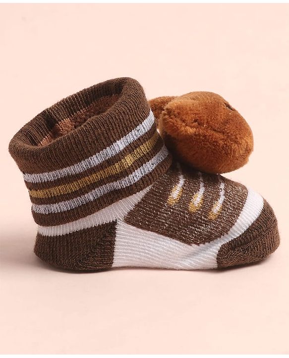 Cute Walk by Babyhug Sock Shoes with Stripes & Bear Applique - Multicolor
