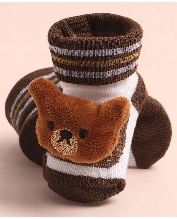 Cute Walk by Babyhug Sock Shoes with Stripes & Bear Applique - Multicolor