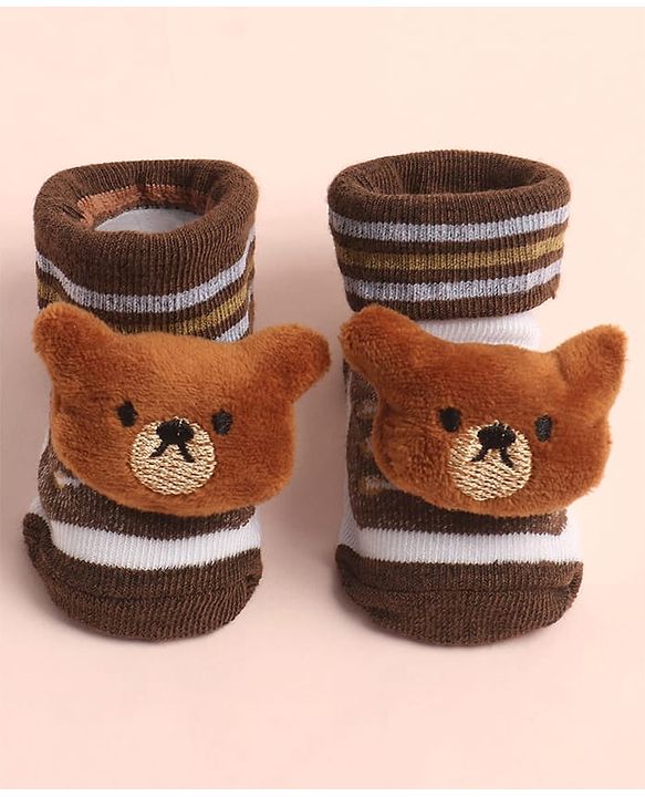 Cute Walk by Babyhug Sock Shoes with Stripes & Bear Applique - Multicolor
