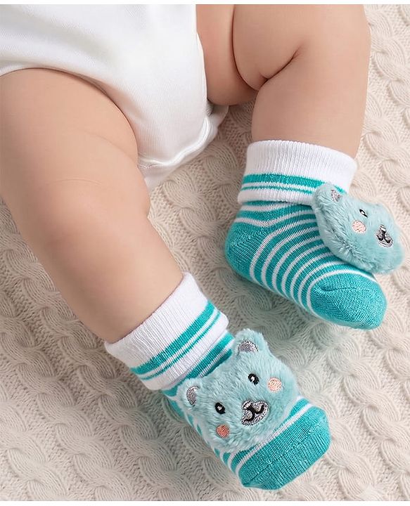 Cute Walk by Babyhug Sock Shoes with Stripes & Bear Applique - Multicolor