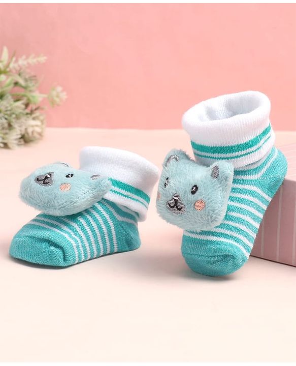 Cute Walk by Babyhug Sock Shoes with Stripes & Bear Applique - Multicolor