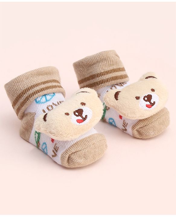 Cute Walk by Babyhug Socks With Large Bear Applique - Tan
