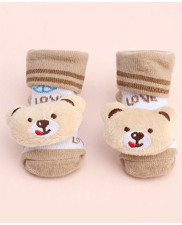 Cute Walk by Babyhug Socks With Large Bear Applique - Tan