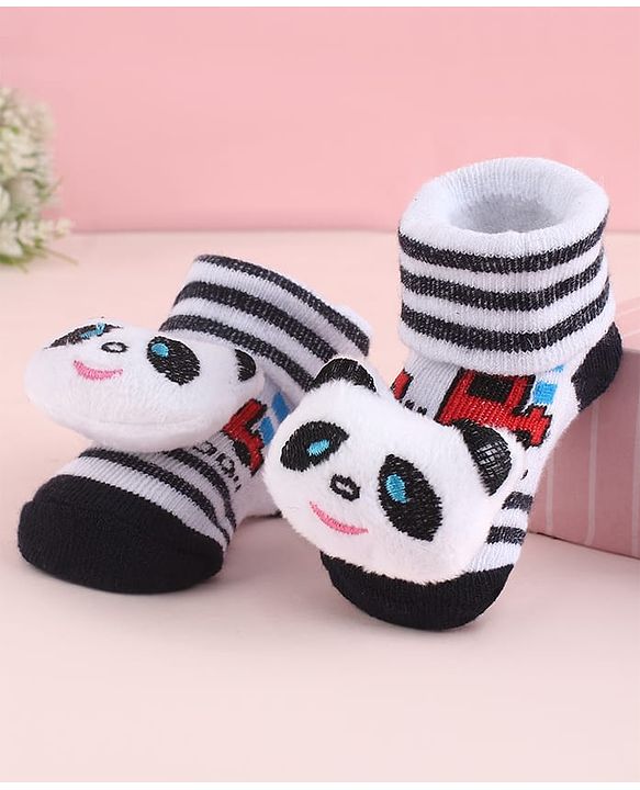 Cute Walk by Babyhug Fabric Striped Socks Shoes With Large Teddy Bear Applique - Black