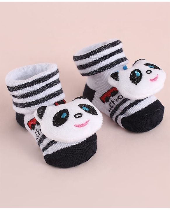 Cute Walk by Babyhug Fabric Striped Socks Shoes With Large Teddy Bear Applique - Black