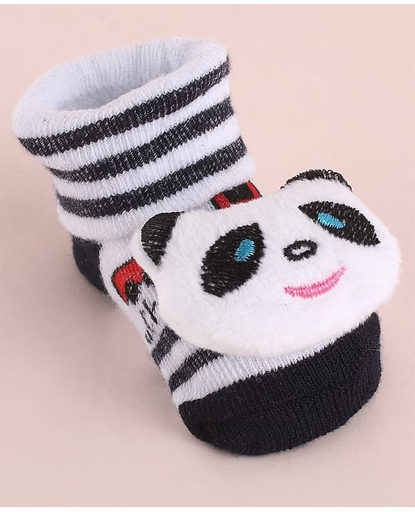 Cute Walk by Babyhug Fabric Striped Socks Shoes With Large Teddy Bear Applique - Black