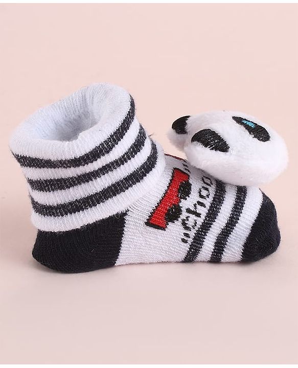 Cute Walk by Babyhug Fabric Striped Socks Shoes With Large Teddy Bear Applique - Black