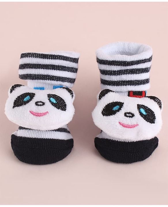 Cute Walk by Babyhug Fabric Striped Socks Shoes With Large Teddy Bear Applique - Black
