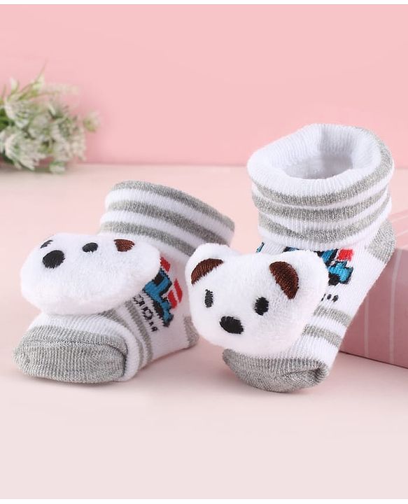 Cute Walk by Babyhug Fabric Striped Socks Shoes With Large Teddy Bear Applique - White