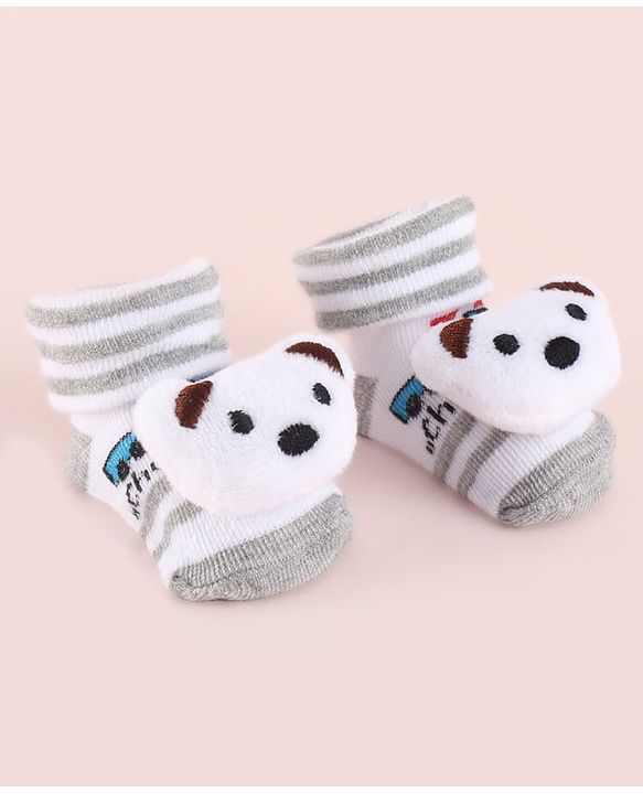 Cute Walk by Babyhug Fabric Striped Socks Shoes With Large Teddy Bear Applique - White