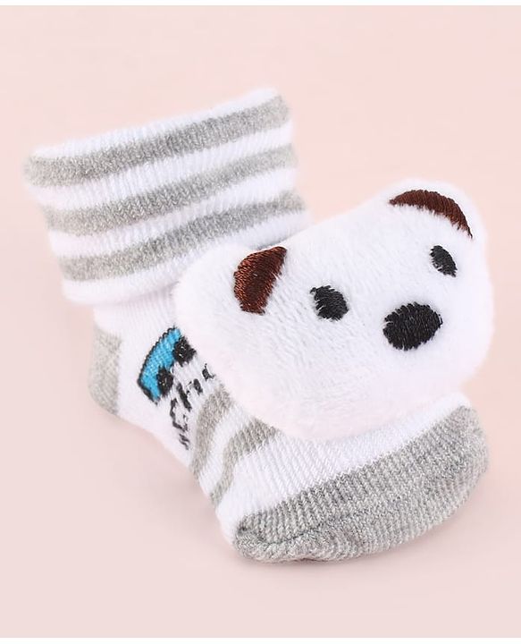 Cute Walk by Babyhug Fabric Striped Socks Shoes With Large Teddy Bear Applique - White