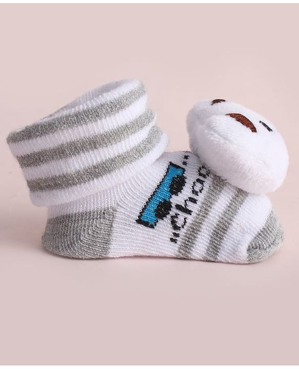 Cute Walk by Babyhug Fabric Striped Socks Shoes With Large Teddy Bear Applique - White