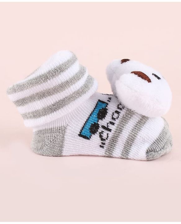 Cute Walk by Babyhug Fabric Striped Socks Shoes With Large Teddy Bear Applique - White