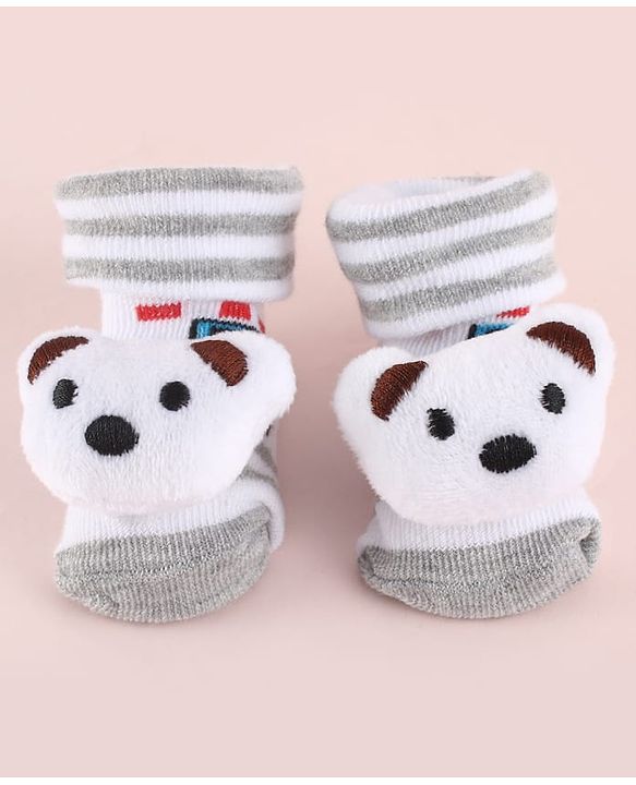 Cute Walk by Babyhug Fabric Striped Socks Shoes With Large Teddy Bear Applique - White