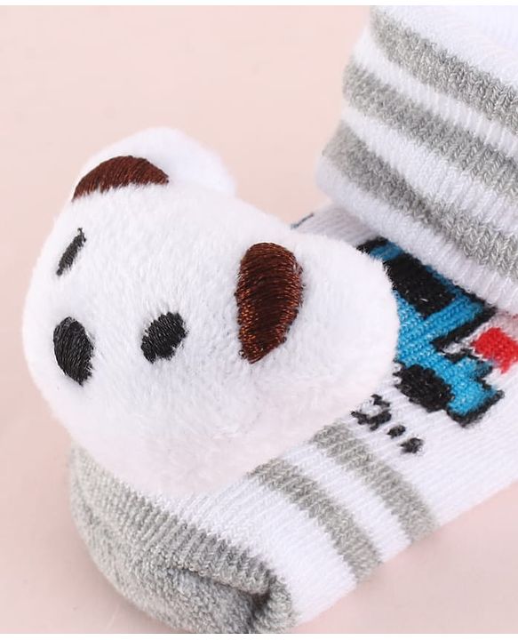 Cute Walk by Babyhug Fabric Striped Socks Shoes With Large Teddy Bear Applique - White