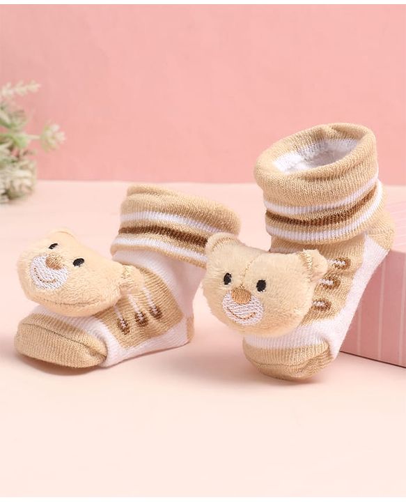 Cute Walk by Babyhug Sock Shoes with Stripes & Bear Applique - Multicolor