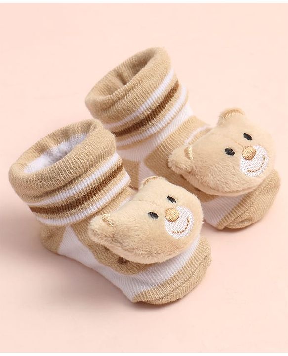 Cute Walk by Babyhug Sock Shoes with Stripes & Bear Applique - Multicolor