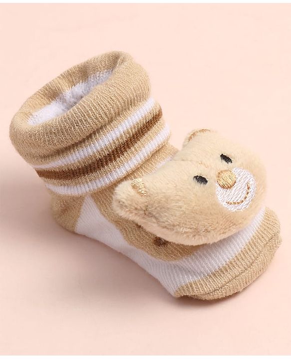Cute Walk by Babyhug Sock Shoes with Stripes & Bear Applique - Multicolor