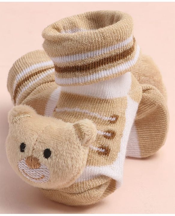 Cute Walk by Babyhug Sock Shoes with Stripes & Bear Applique - Multicolor