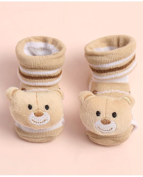 Cute Walk by Babyhug Sock Shoes with Stripes & Bear Applique - Multicolor