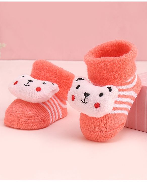 Cute Walk by Babyhug Socks With Large Bear Applique - Coral