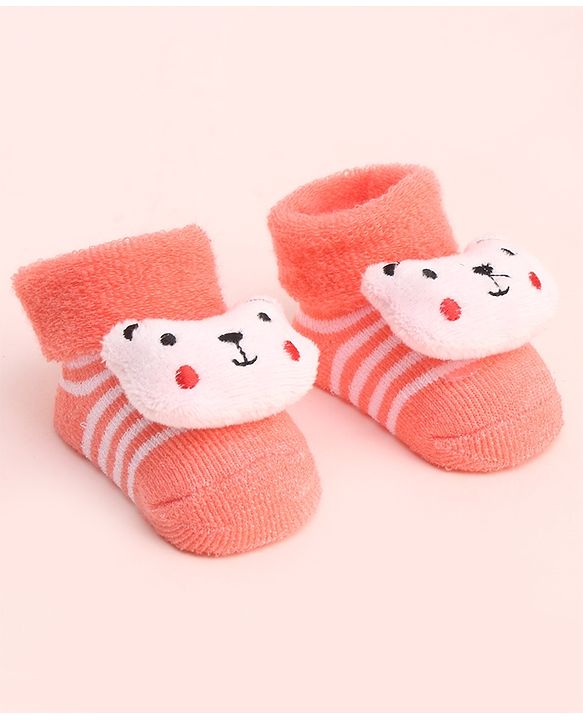 Cute Walk by Babyhug Socks With Large Bear Applique - Coral
