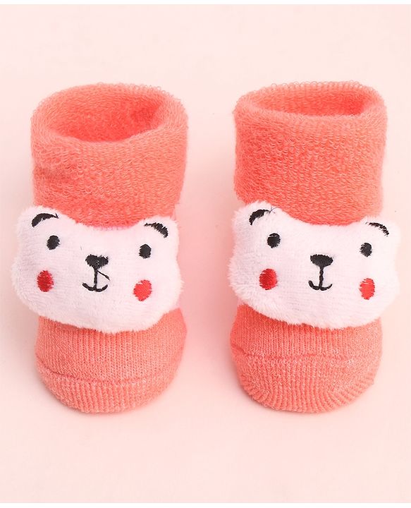 Cute Walk by Babyhug Socks With Large Bear Applique - Coral