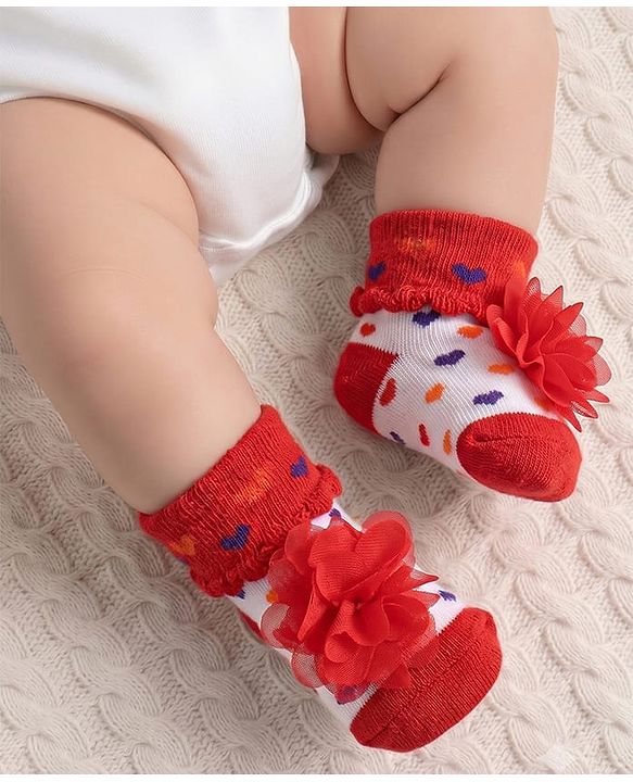 Cute Walk by Babyhug Sock Shoes with Heart Design & Floral Applique - Multicolor