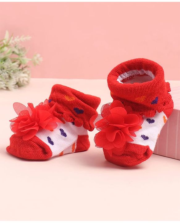 Cute Walk by Babyhug Sock Shoes with Heart Design & Floral Applique - Multicolor