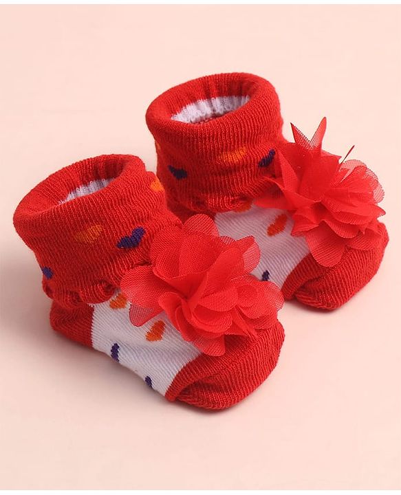 Cute Walk by Babyhug Sock Shoes with Heart Design & Floral Applique - Multicolor