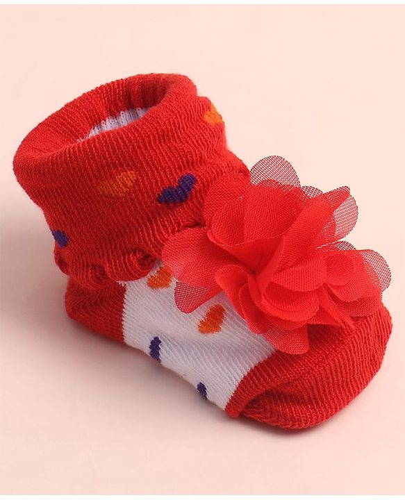 Cute Walk by Babyhug Sock Shoes with Heart Design & Floral Applique - Multicolor