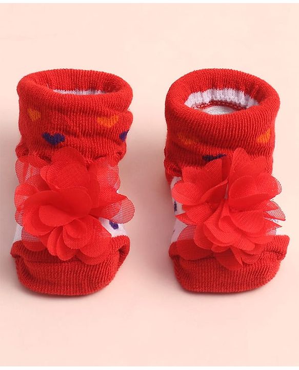 Cute Walk by Babyhug Sock Shoes with Heart Design & Floral Applique - Multicolor