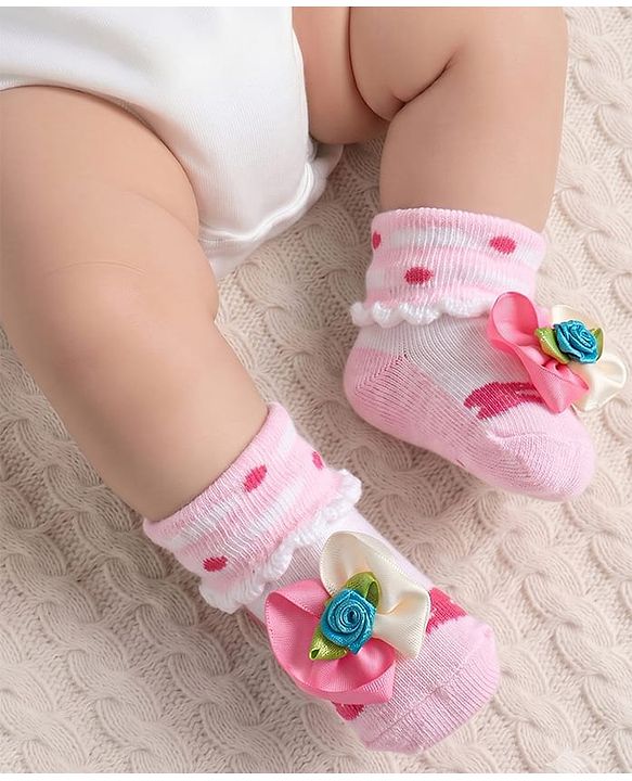 Cute Walk by Babyhug Sock Shoes with Heart Design & Floral Applique - Multicolor