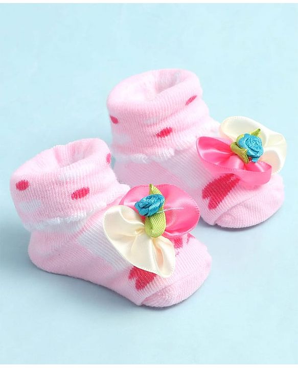 Cute Walk by Babyhug Sock Shoes with Heart Design & Floral Applique - Multicolor