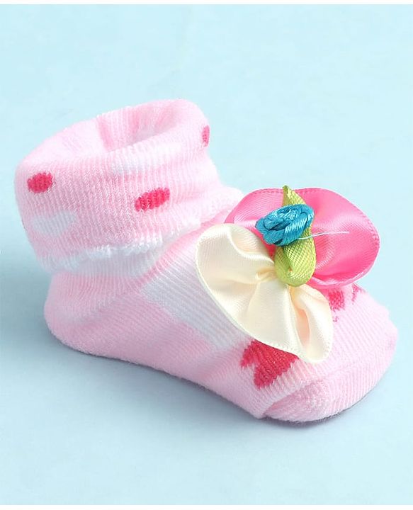 Cute Walk by Babyhug Sock Shoes with Heart Design & Floral Applique - Multicolor