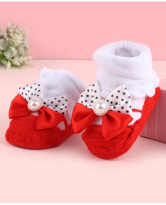 Cute Walk by Babyhug Fabric Socks Shoes With Large Bow Applique - Red