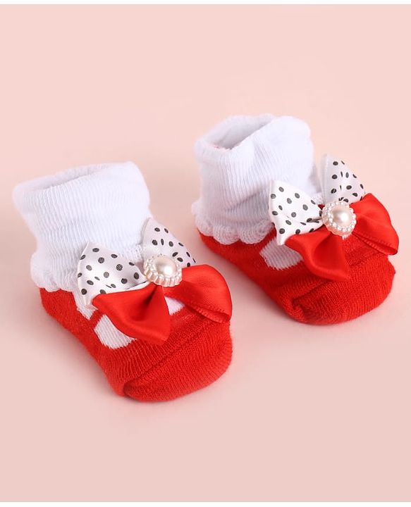 Cute Walk by Babyhug Fabric Socks Shoes With Large Bow Applique - Red