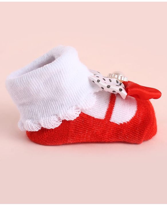 Cute Walk by Babyhug Fabric Socks Shoes With Large Bow Applique - Red