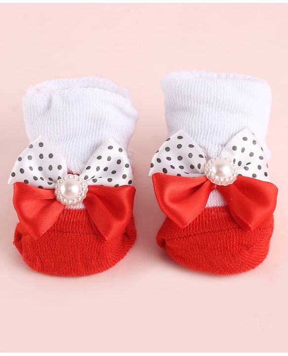 Cute Walk by Babyhug Fabric Socks Shoes With Large Bow Applique - Red