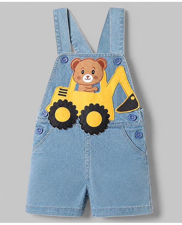 Babyhug 100% Cotton Single Jersey Half sleeves Dungarees With Bear Print Tee In Yellow Blue