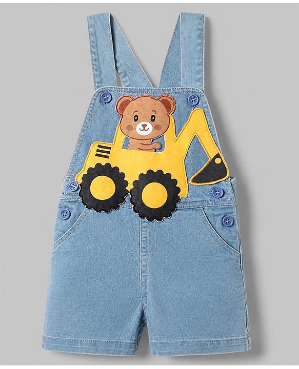 Babyhug 100% Cotton Single Jersey Half sleeves Dungarees With Bear Print Tee In Yellow Blue