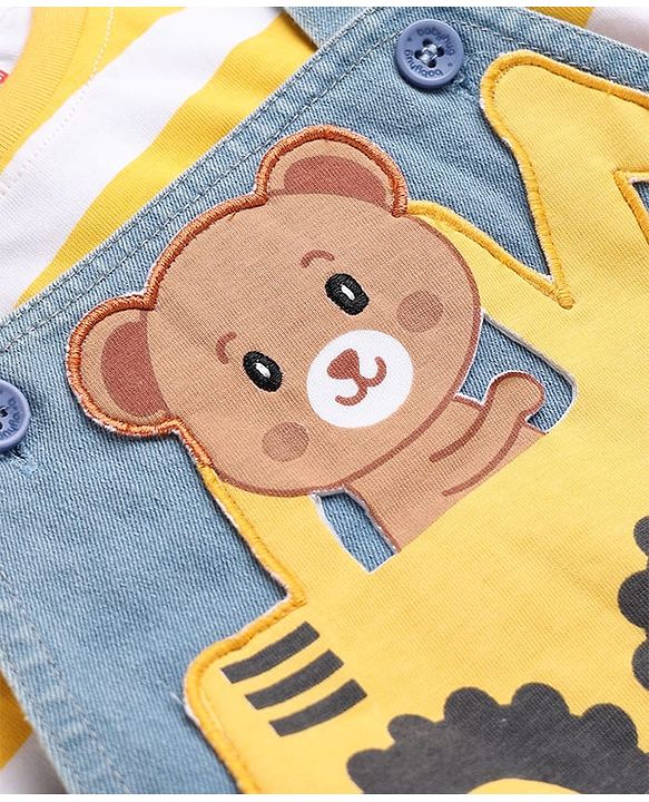 Babyhug 100% Cotton Single Jersey Half sleeves Dungarees With Bear Print Tee In Yellow Blue