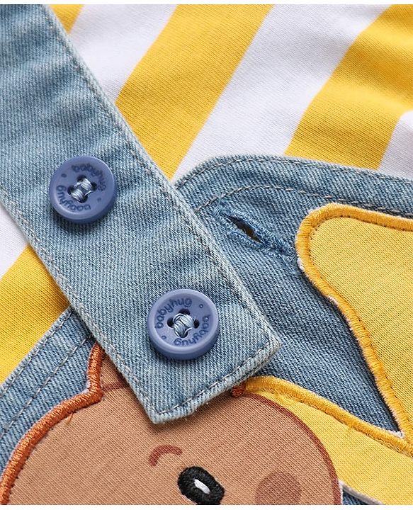 Babyhug 100% Cotton Single Jersey Half sleeves Dungarees With Bear Print Tee In Yellow Blue